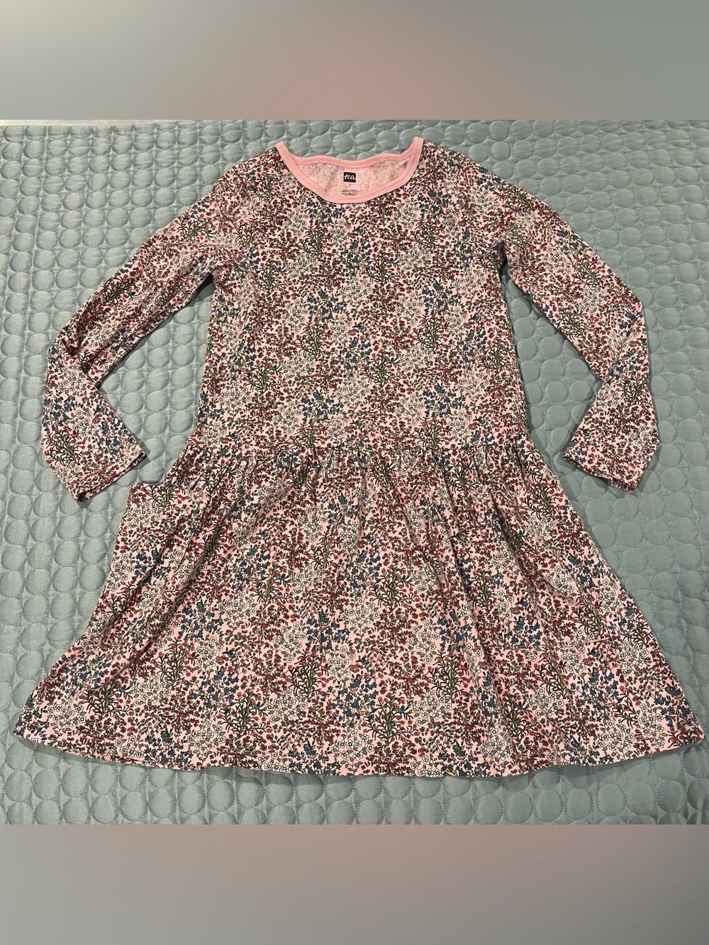 Tea Collection Tiny Pink Floral Long-Sleeve Dress Sz 7 100% Cotton Pockets